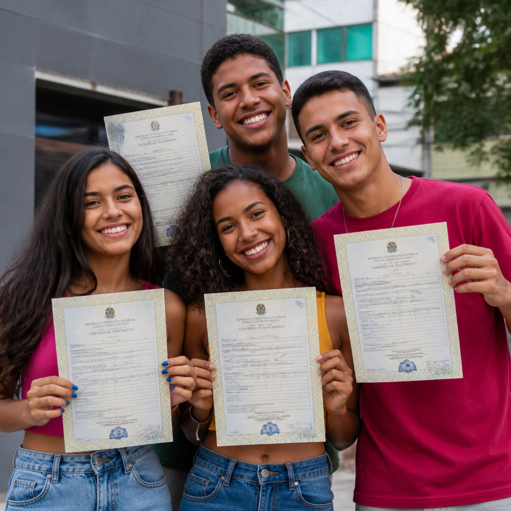 Brasileiros sorrindo segurando suas certidões